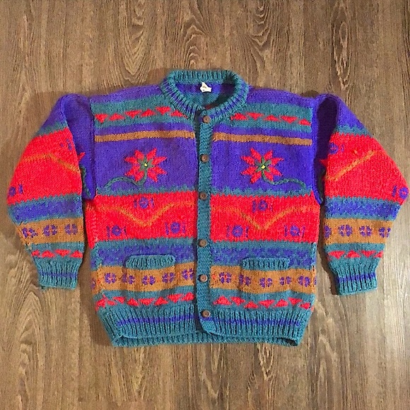 Vintage Handmade in Nepal 100% Wool Cardigan - Picture 4 of 15